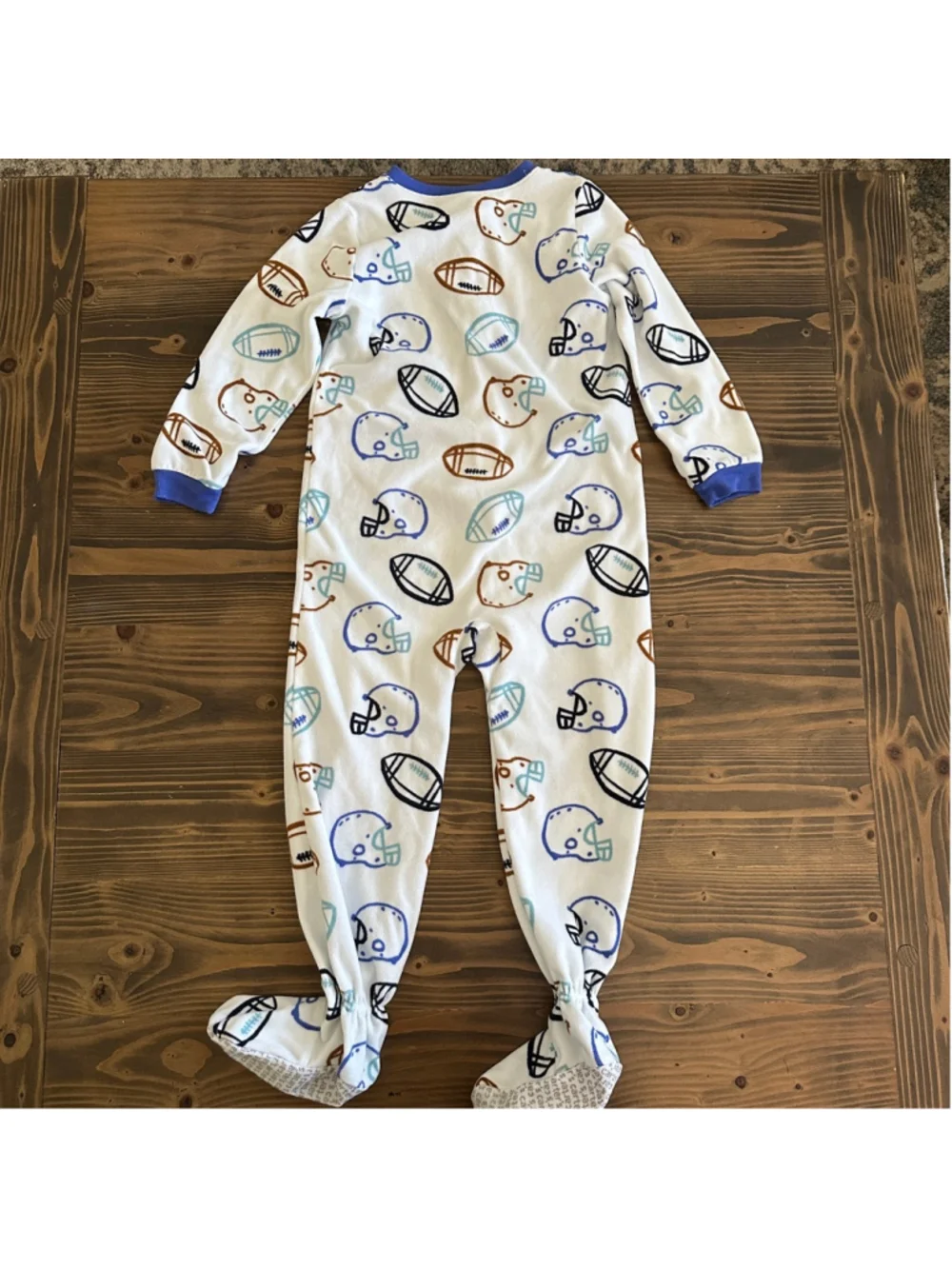 Boys Carter’s Football Print Footed Pajamas 5T White Blue Sleepwear Helmets